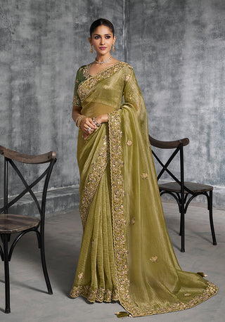 Monjolika Fashion Olive Green Tissue Traditional Saree with Embroidered, Resham and Thread Work for Ceremonial