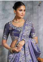 Thumbnail for Monjolika Fashion Lavender Tissue Traditional Saree with Embroidered, Resham and Thread Work for Ceremonial
