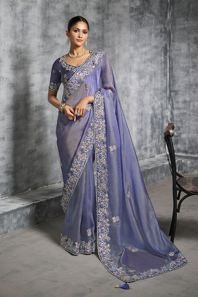 Monjolika Fashion Lavender Tissue Traditional Saree with Embroidered, Resham and Thread Work for Ceremonial