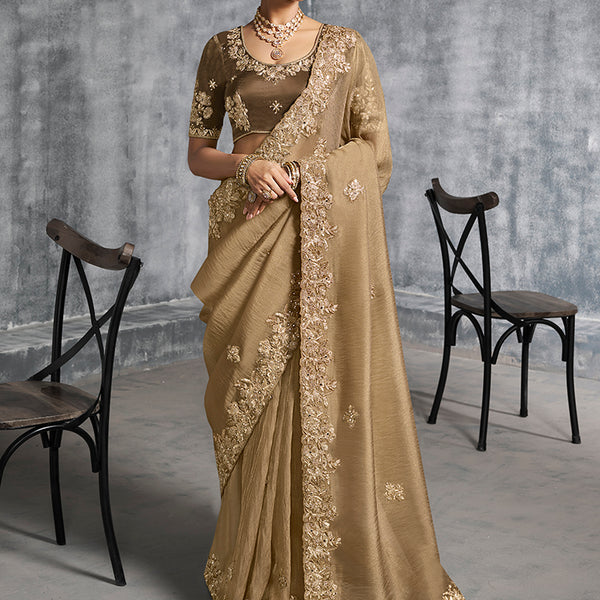 Monjolika Fashion Beige Tissue Traditional Saree with Embroidered, Resham and Thread Work for Ceremonial - Distacart