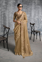 Thumbnail for Monjolika Fashion Beige Tissue Traditional Saree with Embroidered, Resham and Thread Work for Ceremonial