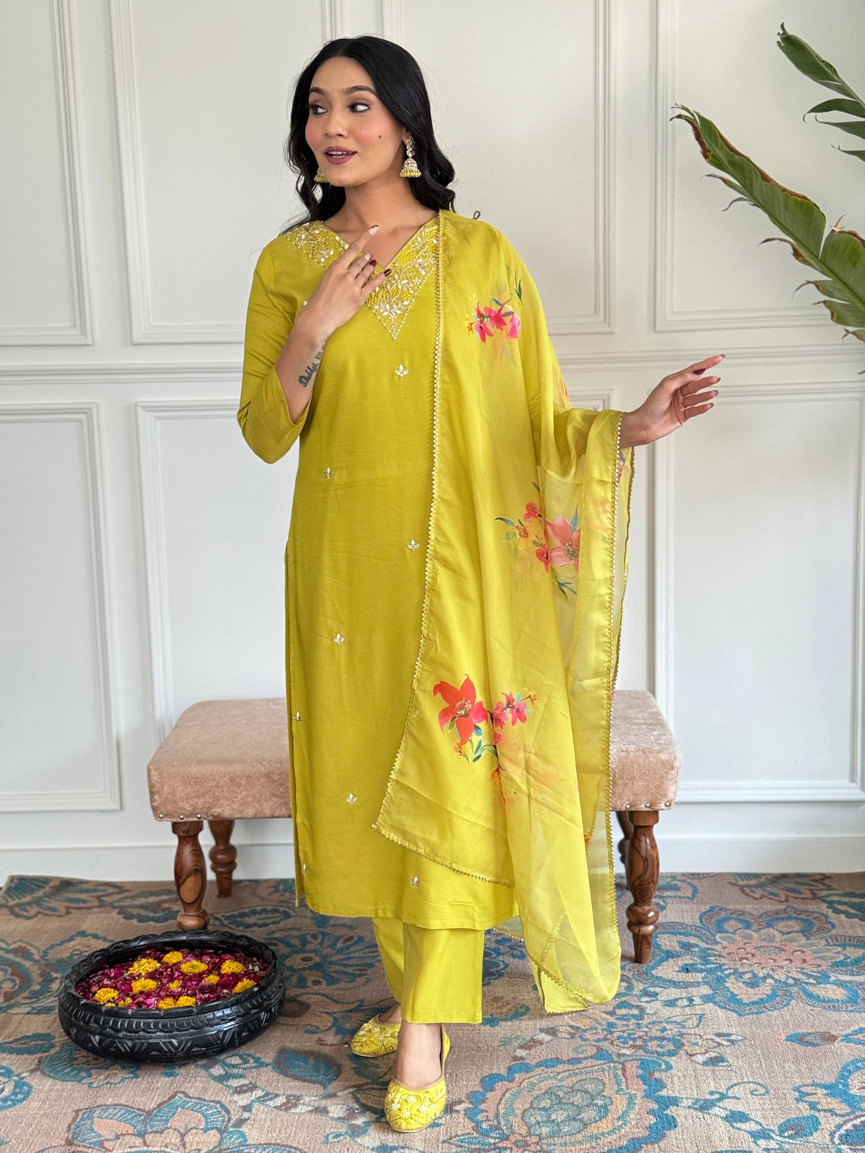 The52 Yellow Embroidered Rayon Slub Fabric Straight Kurta, Pant and Dupatta Set