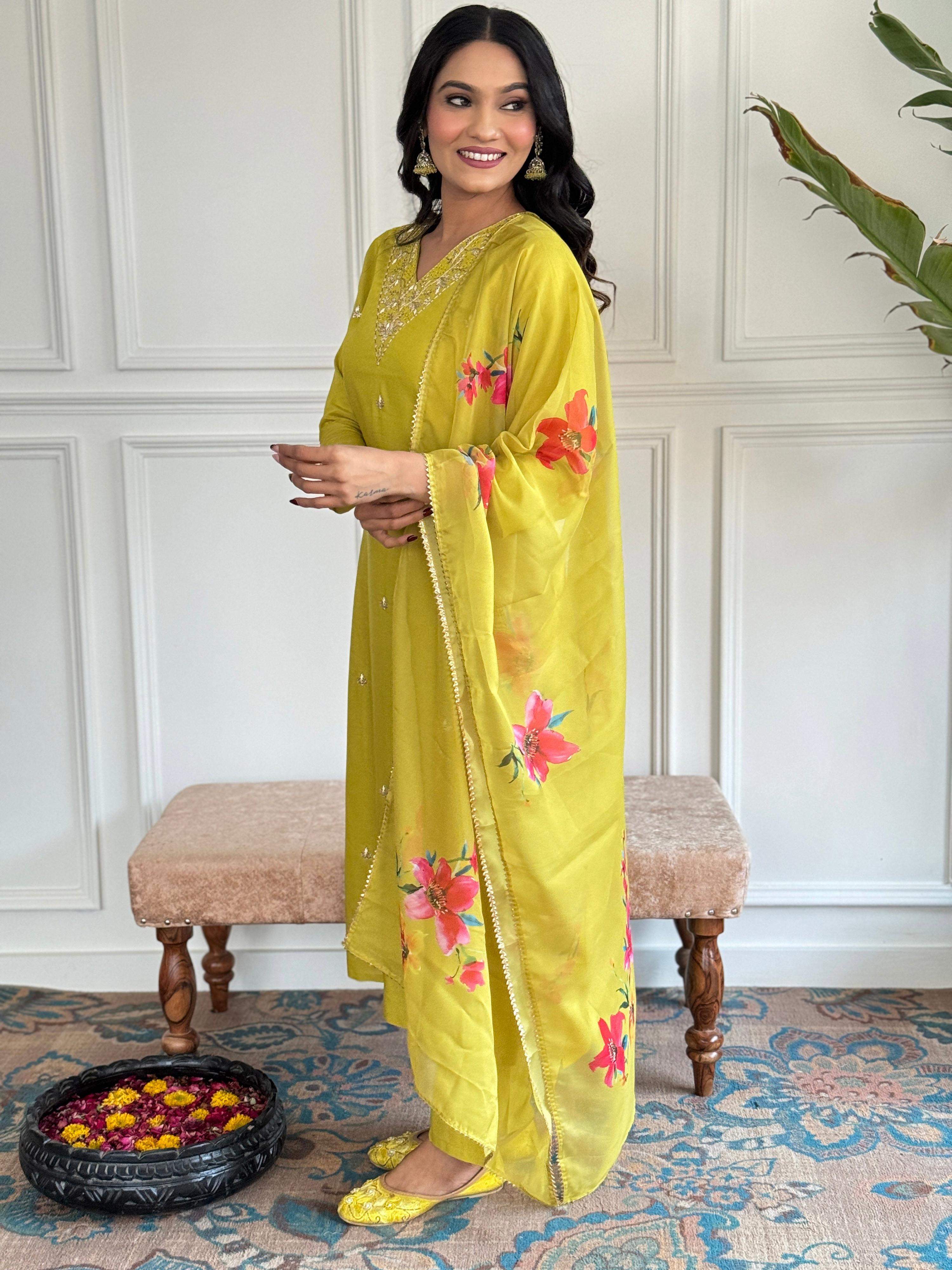 The52 Yellow Embroidered Rayon Slub Fabric Straight Kurta, Pant and Dupatta Set