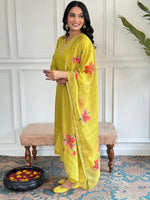 Thumbnail for The52 Yellow Embroidered Rayon Slub Fabric Straight Kurta, Pant and Dupatta Set
