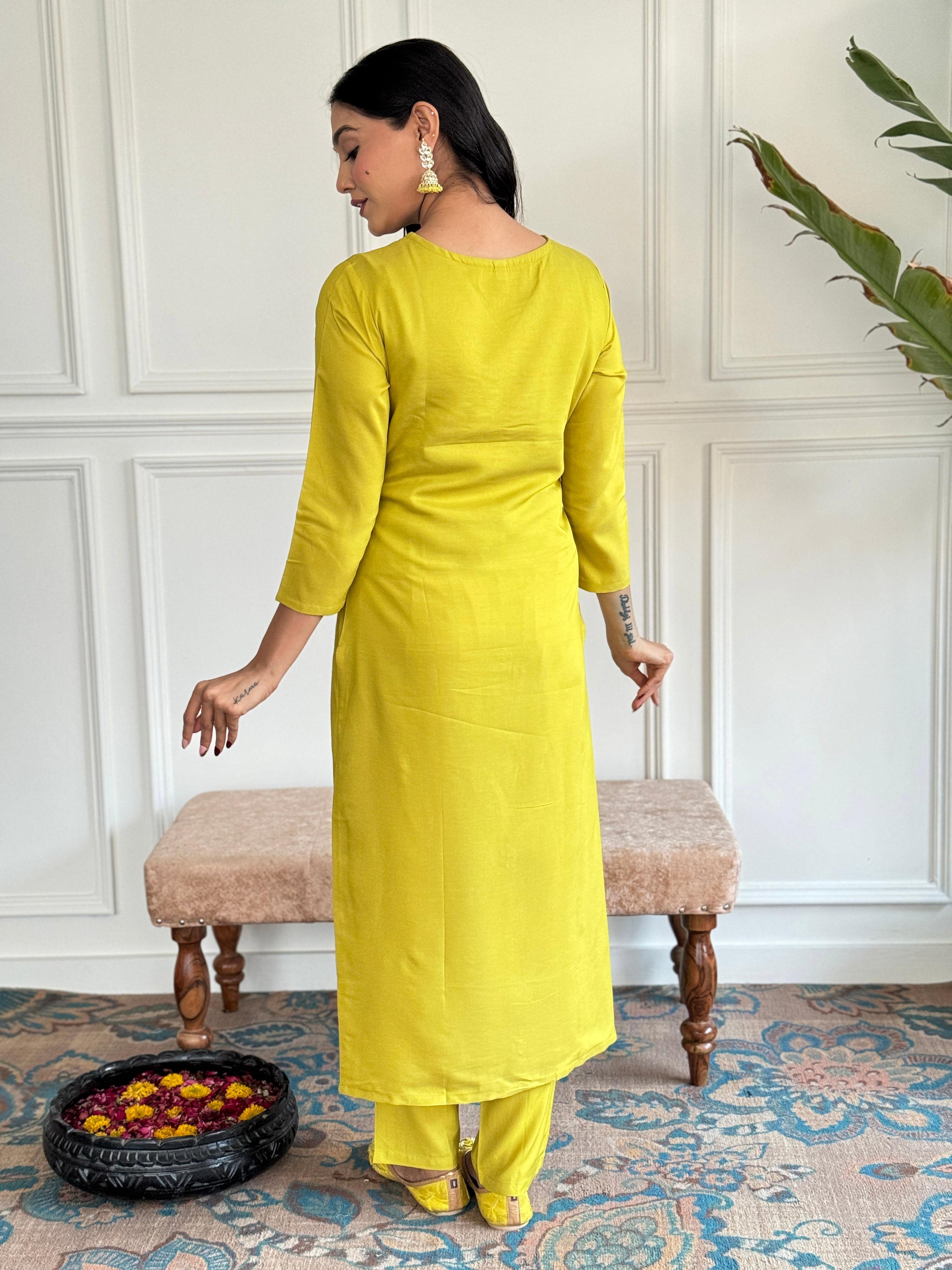 The52 Yellow Embroidered Rayon Slub Fabric Straight Kurta, Pant and Dupatta Set