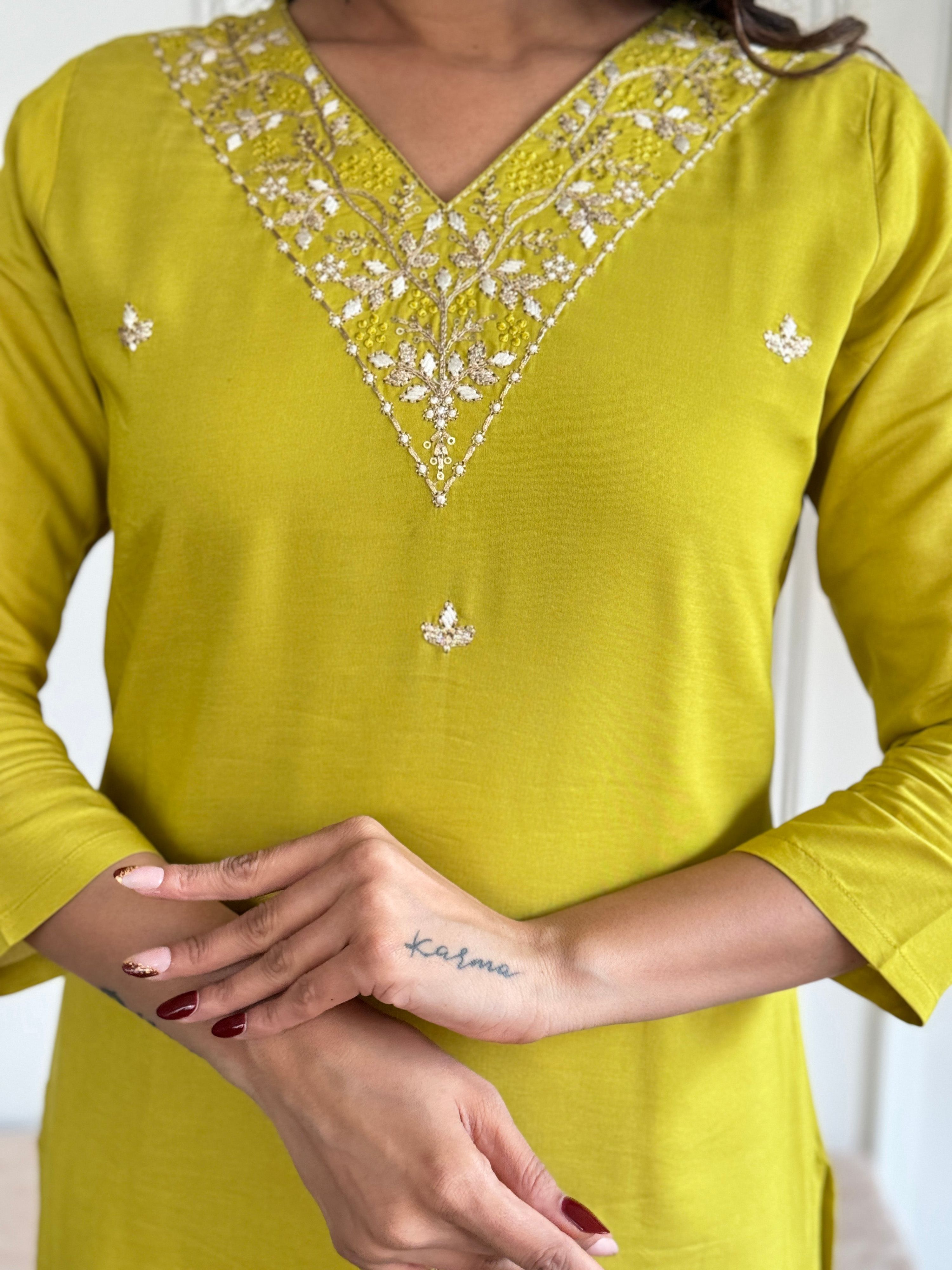 The52 Yellow Embroidered Rayon Slub Fabric Straight Kurta, Pant and Dupatta Set