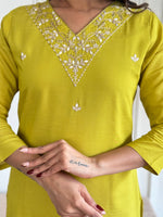 Thumbnail for The52 Yellow Embroidered Rayon Slub Fabric Straight Kurta, Pant and Dupatta Set