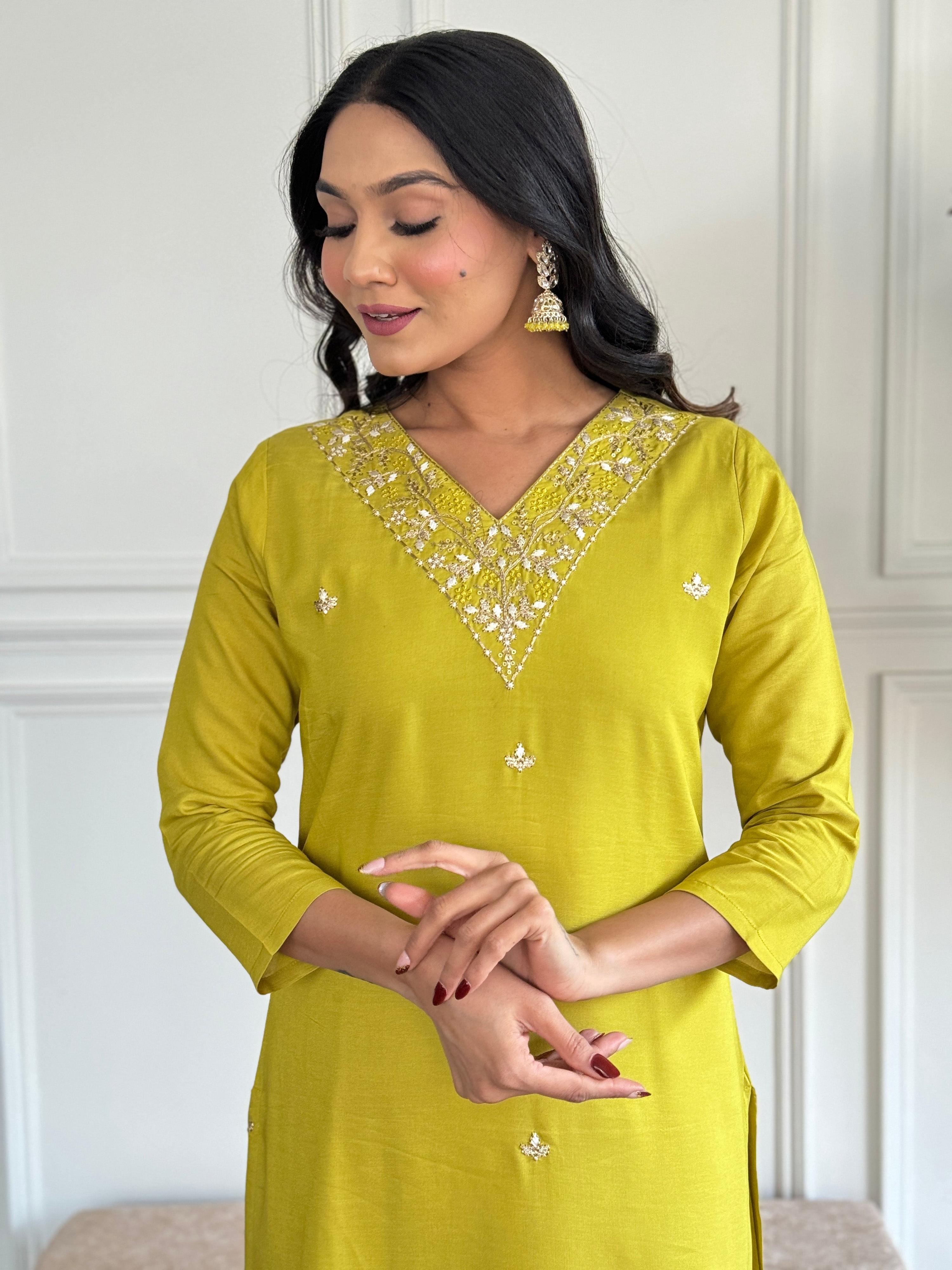 The52 Yellow Embroidered Rayon Slub Fabric Straight Kurta, Pant and Dupatta Set