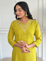 Thumbnail for The52 Yellow Embroidered Rayon Slub Fabric Straight Kurta, Pant and Dupatta Set