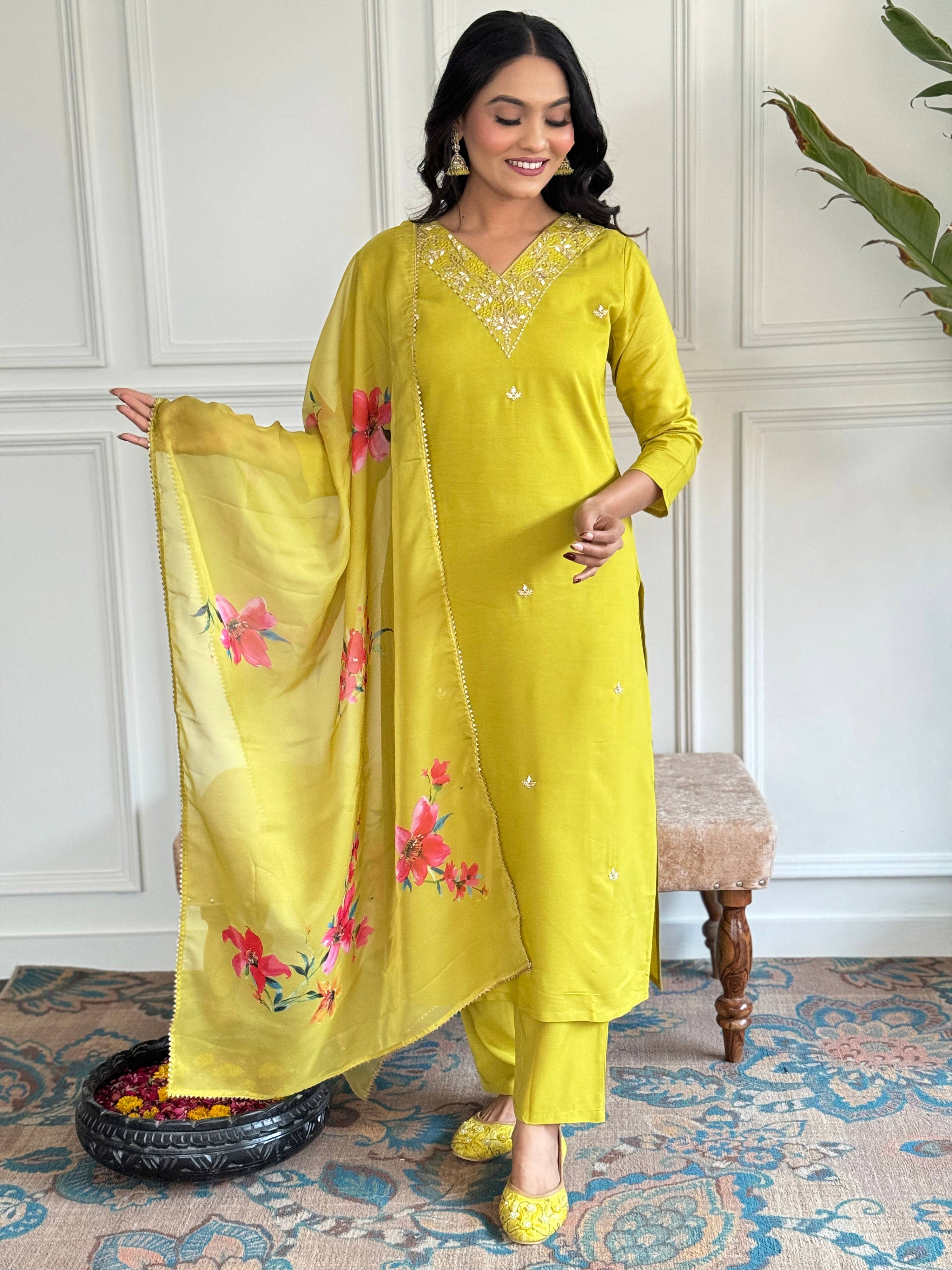The52 Yellow Embroidered Rayon Slub Fabric Straight Kurta, Pant and Dupatta Set