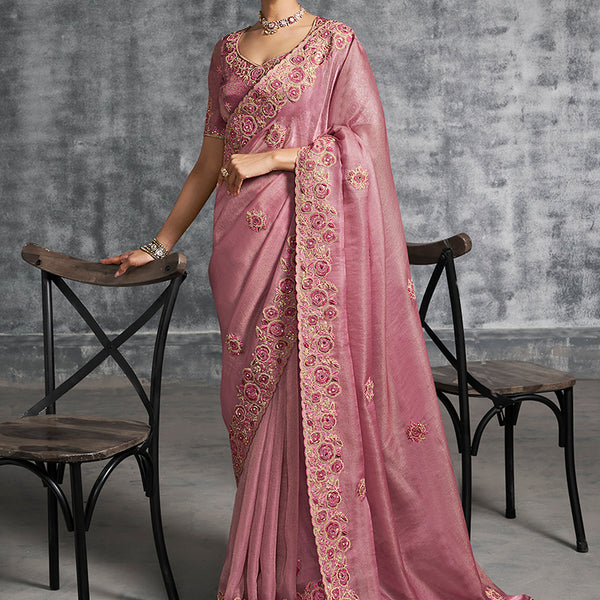 Monjolika Fashion Pink Tissue Traditional Saree with Embroidered, Resham and Thread Work for Ceremonial - Distacart