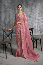 Thumbnail for Monjolika Fashion Pink Tissue Traditional Saree with Embroidered, Resham and Thread Work for Ceremonial
