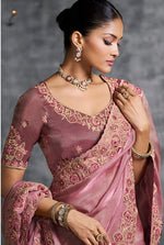 Thumbnail for Monjolika Fashion Pink Tissue Traditional Saree with Embroidered, Resham and Thread Work for Ceremonial