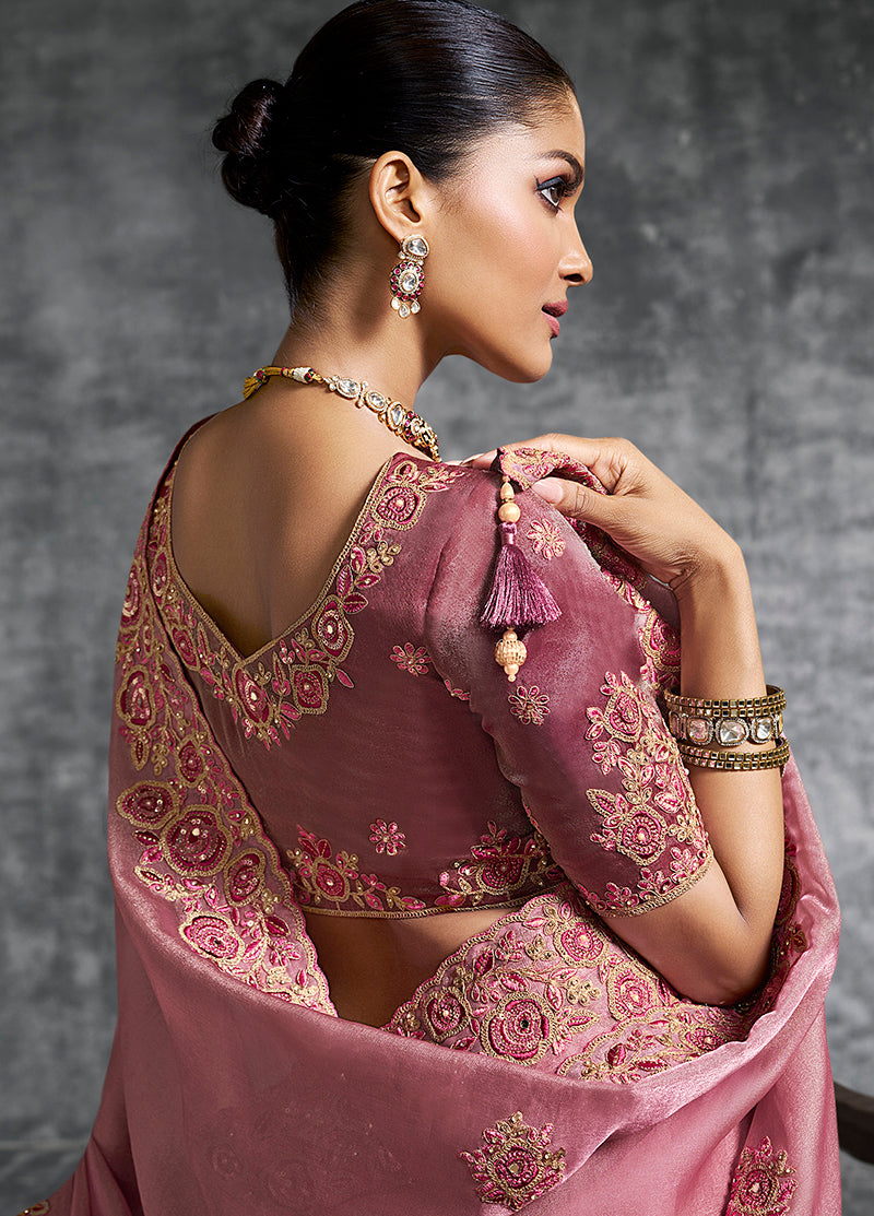 Monjolika Fashion Pink Tissue Traditional Saree with Embroidered, Resham and Thread Work for Ceremonial