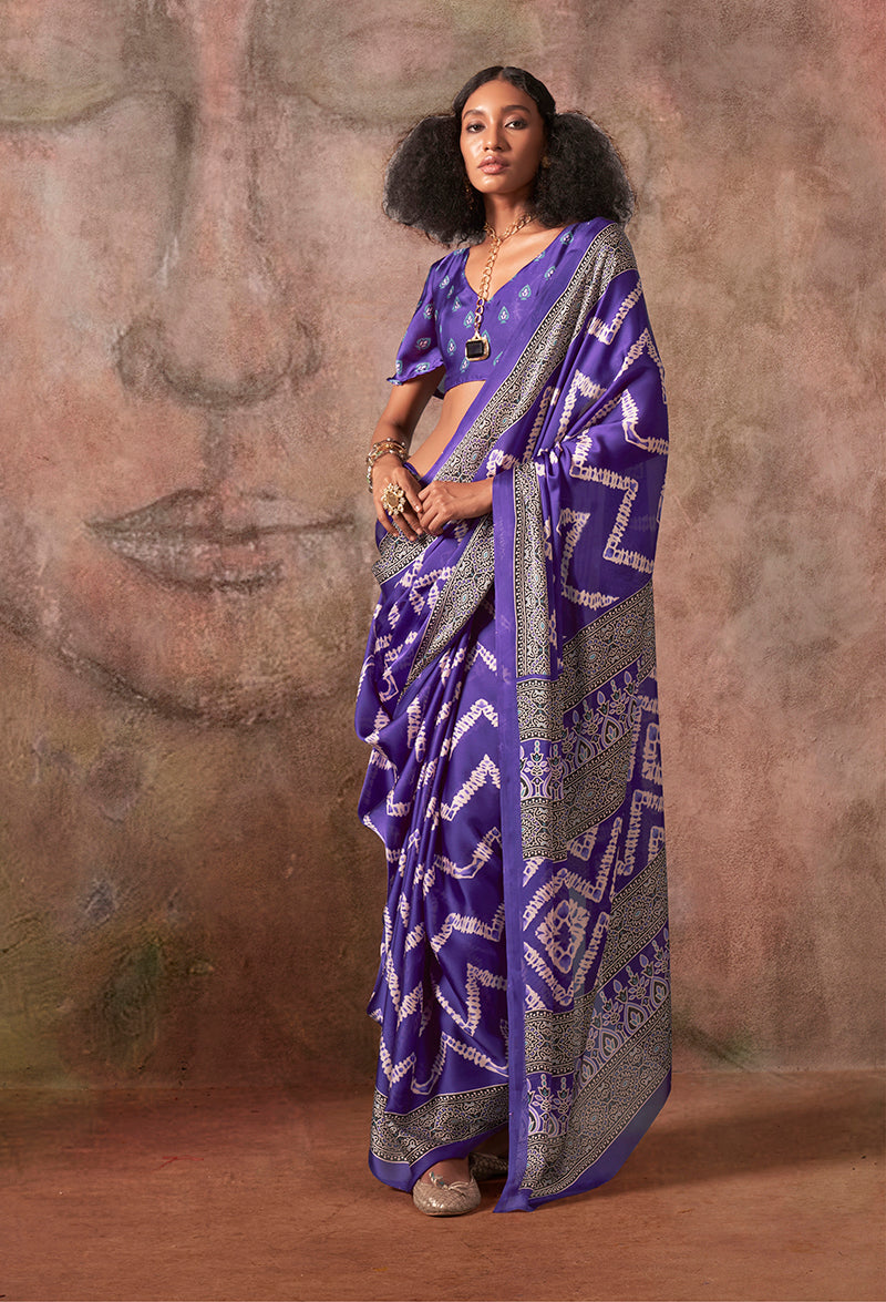 Monjolika Fashion Purple Color Ajrakh Print With Bandhej Pattern Satin Georgette Saree