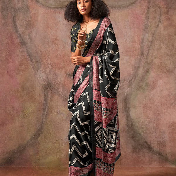 Monjolika Fashion Black Color Ajrakh Print With Bandhej Pattern Satin Georgette Saree - Distacart