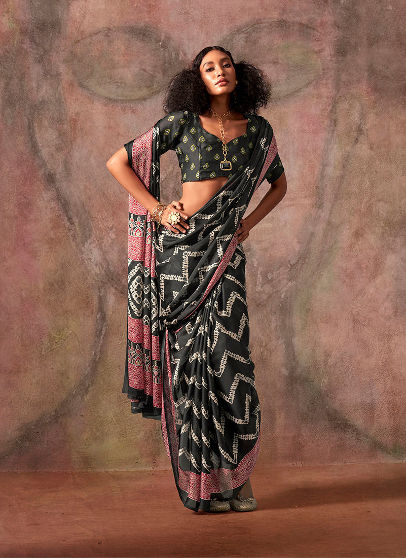 Monjolika Fashion Black Color Ajrakh Print With Bandhej Pattern Satin Georgette Saree