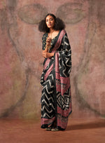 Thumbnail for Monjolika Fashion Black Color Ajrakh Print With Bandhej Pattern Satin Georgette Saree