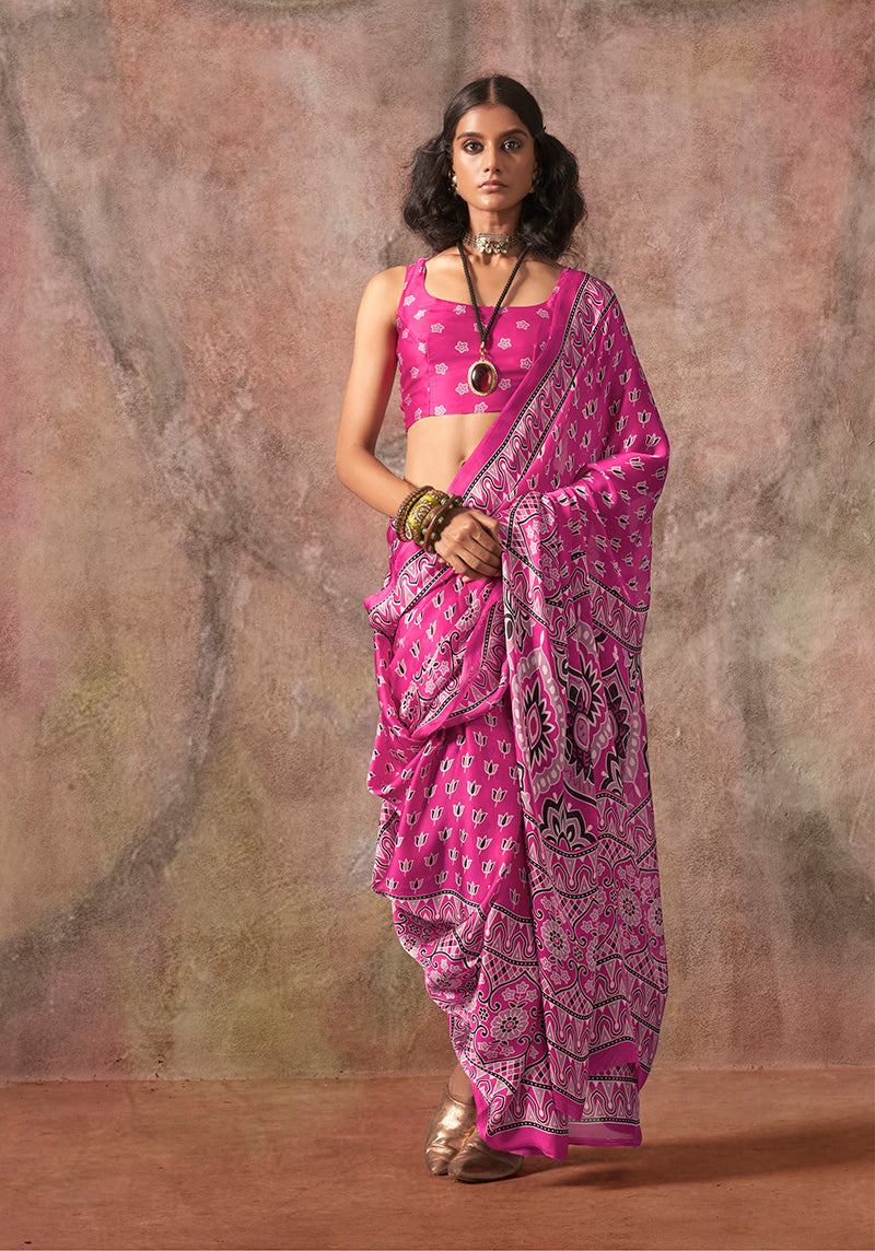 Monjolika Fashion Pink Color Ajrakh Print With Bandhej Pattern Satin Georgette Saree