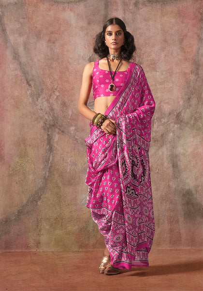 Monjolika Fashion Pink Color Ajrakh Print With Bandhej Pattern Satin Georgette Saree
