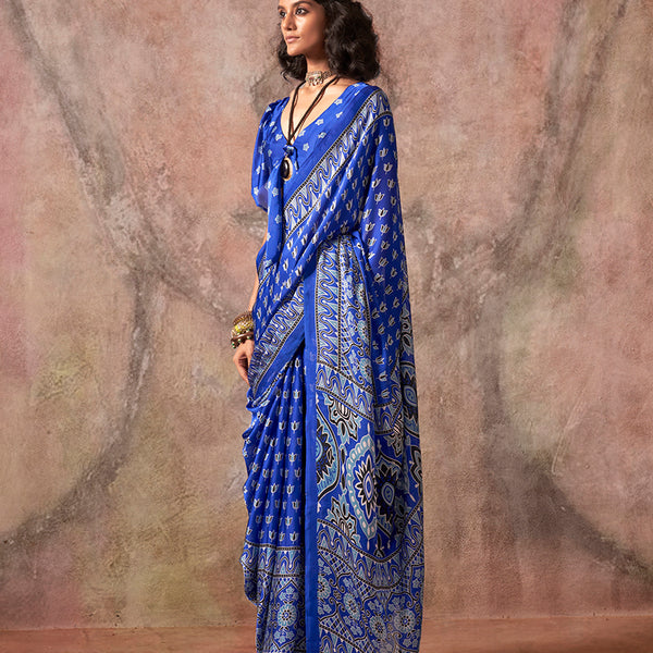 Monjolika Fashion Blue Color Ajrakh Print With Bandhej Pattern Satin Georgette Saree - Distacart