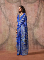 Thumbnail for Monjolika Fashion Blue Color Ajrakh Print With Bandhej Pattern Satin Georgette Saree