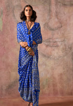 Thumbnail for Monjolika Fashion Blue Color Ajrakh Print With Bandhej Pattern Satin Georgette Saree