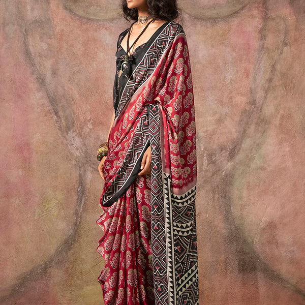 Monjolika Fashion Red & Black Color Ajrakh Print With Bandhej Pattern Satin Georgette Saree - Distacart
