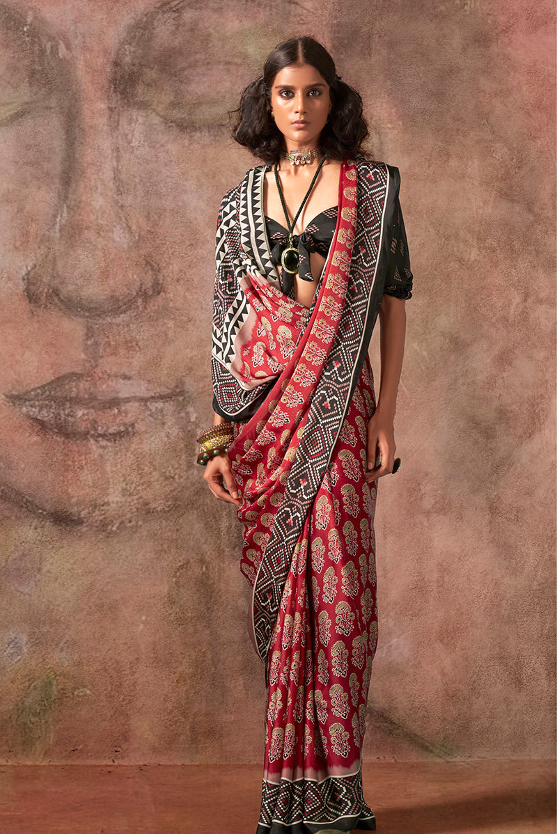 Monjolika Fashion Red & Black Color Ajrakh Print With Bandhej Pattern Satin Georgette Saree