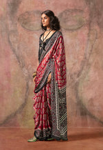 Thumbnail for Monjolika Fashion Red & Black Color Ajrakh Print With Bandhej Pattern Satin Georgette Saree