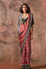 Thumbnail for Monjolika Fashion Red & Black Color Ajrakh Print With Bandhej Pattern Satin Georgette Saree