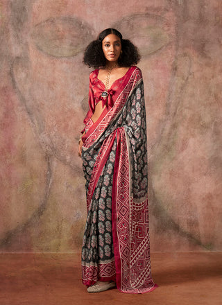Monjolika Fashion Black & Red Color Ajrakh Print With Bandhej Pattern Satin Georgette Saree