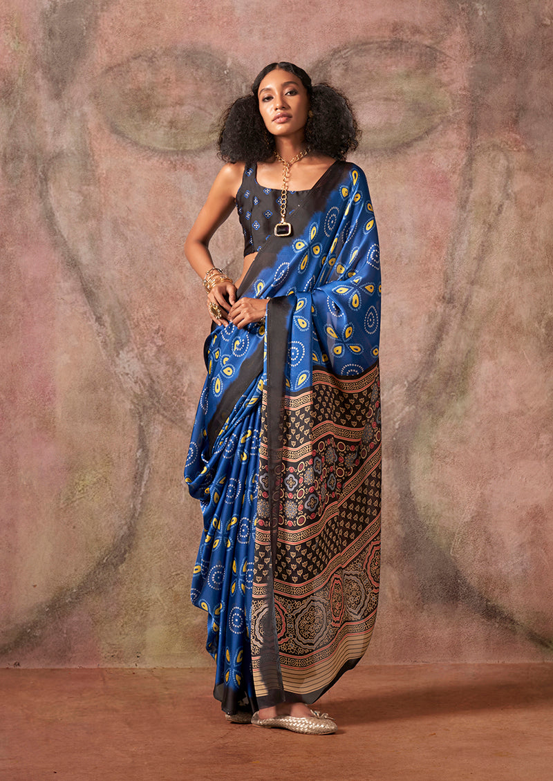 Monjolika Fashion Blue & Black Color Ajrakh Print With Bandhej Pattern Satin Georgette Saree