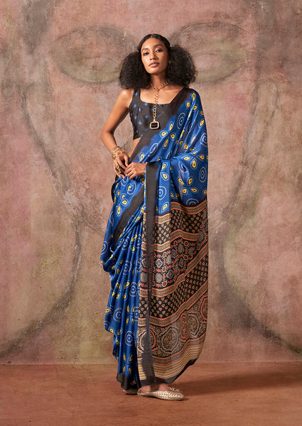 Monjolika Fashion Blue & Black Color Ajrakh Print With Bandhej Pattern Satin Georgette Saree