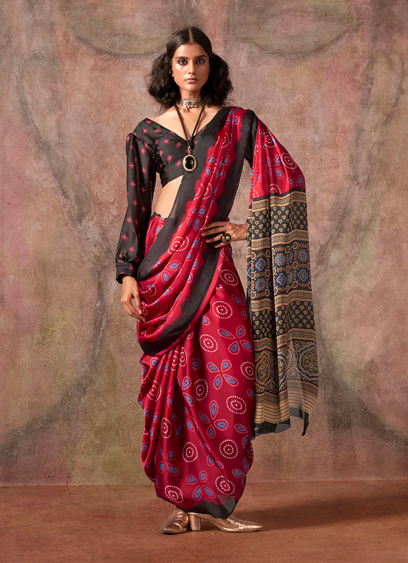 Monjolika Fashion Red Color Ajrakh Print With Bandhej Pattern Satin Georgette Saree