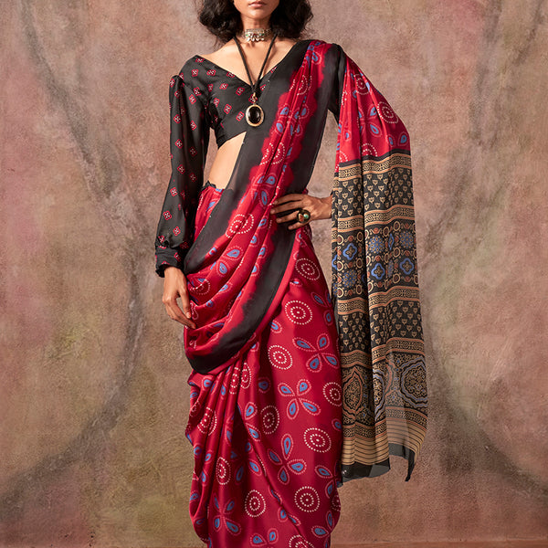 Monjolika Fashion Red Color Ajrakh Print With Bandhej Pattern Satin Georgette Saree - Distacart