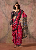 Thumbnail for Monjolika Fashion Red Color Ajrakh Print With Bandhej Pattern Satin Georgette Saree
