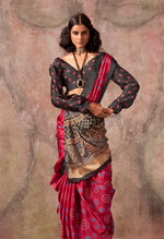 Thumbnail for Monjolika Fashion Red Color Ajrakh Print With Bandhej Pattern Satin Georgette Saree