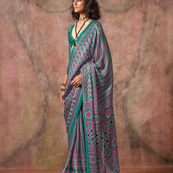 Monjolika Fashion Turquoise Color Ajrakh Print With Bandhej Pattern Satin Georgette Saree - Distacart