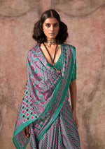Thumbnail for Monjolika Fashion Turquoise Color Ajrakh Print With Bandhej Pattern Satin Georgette Saree