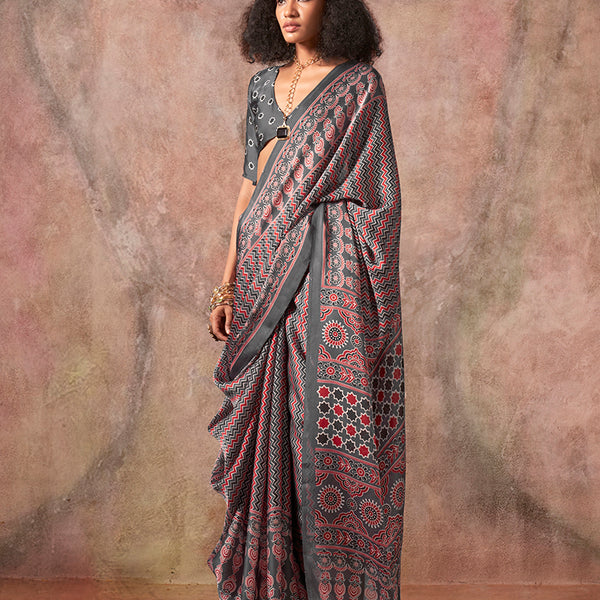Monjolika Fashion Grey Color Ajrakh Print With Bandhej Pattern Satin Georgette Saree - Distacart