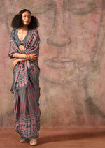 Thumbnail for Monjolika Fashion Grey Color Ajrakh Print With Bandhej Pattern Satin Georgette Saree