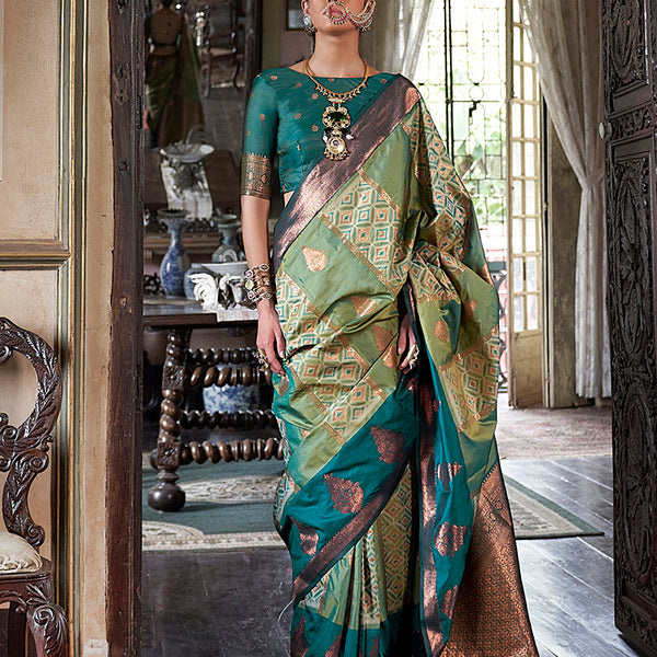 Monjolika Fashion Green Zari Woven Work Silk Indian Traditional Wear Saree