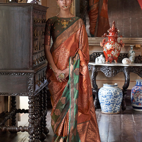 Monjolika Fashion Rust Zari Woven Work Silk Indian Traditional Wear Saree