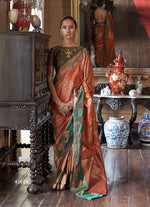 Thumbnail for Monjolika Fashion Rust Zari Woven Work Silk Indian Traditional Wear Saree