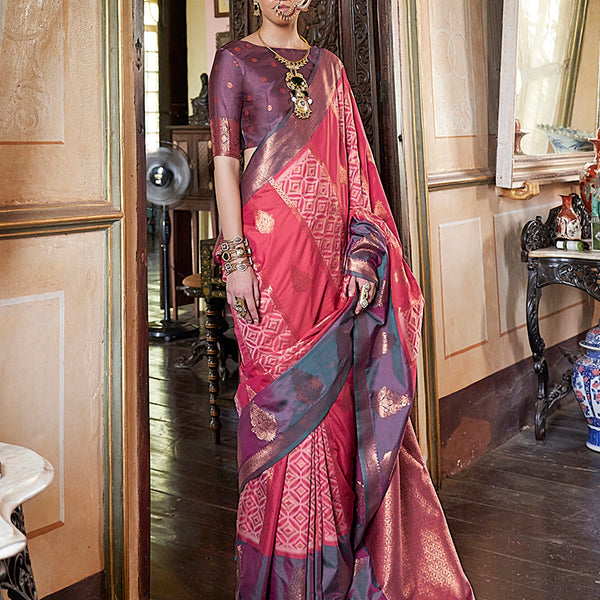 Monjolika Fashion Pink Zari Woven Work Silk Indian Traditional Wear Saree