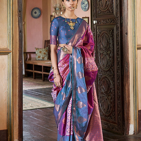 Monjolika Fashion Magenta Zari Woven Work Silk Indian Traditional Wear Saree