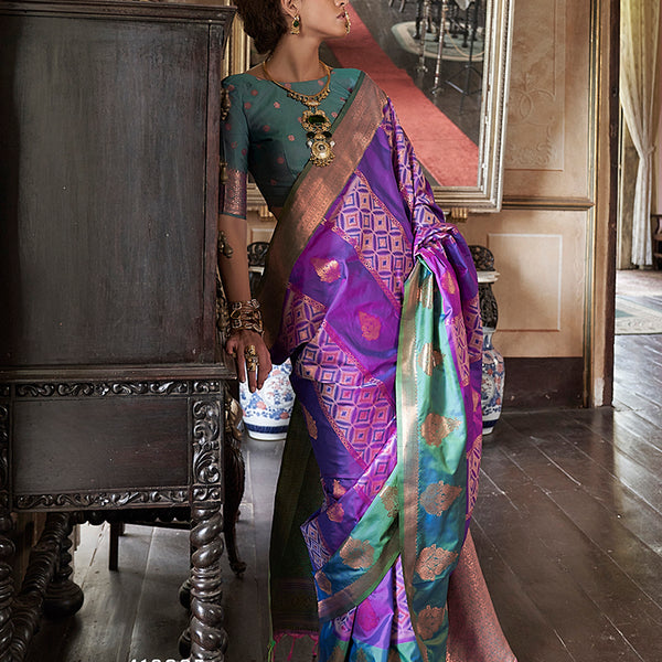 Monjolika Fashion Purple Zari Woven Work Silk Indian Traditional Wear Saree