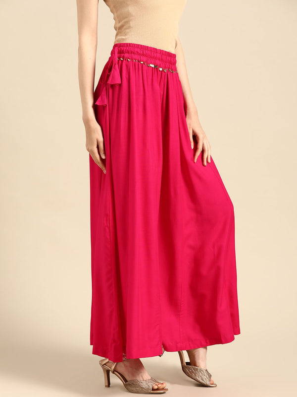TAG 7 Women Magenta Solid Flared Palazzos