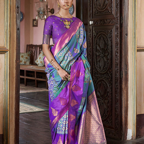 Monjolika Fashion Turquoise Zari Woven Work Silk Indian Traditional Wear Saree